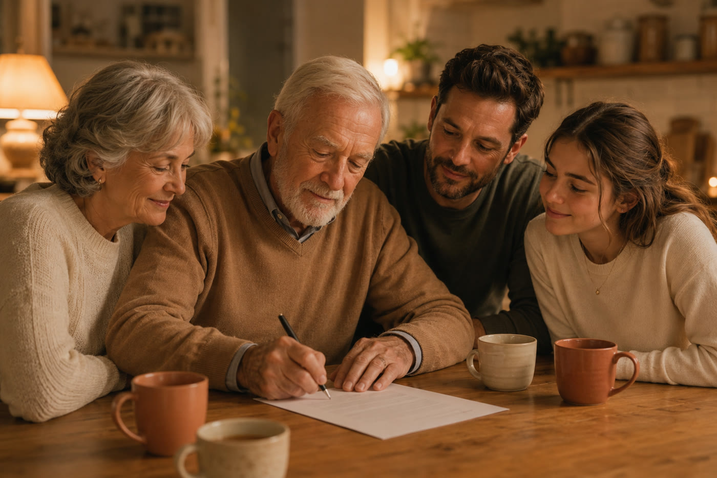 Three generations of a family around a kitchen table in the evening as the grandfather signs the Family Agreement