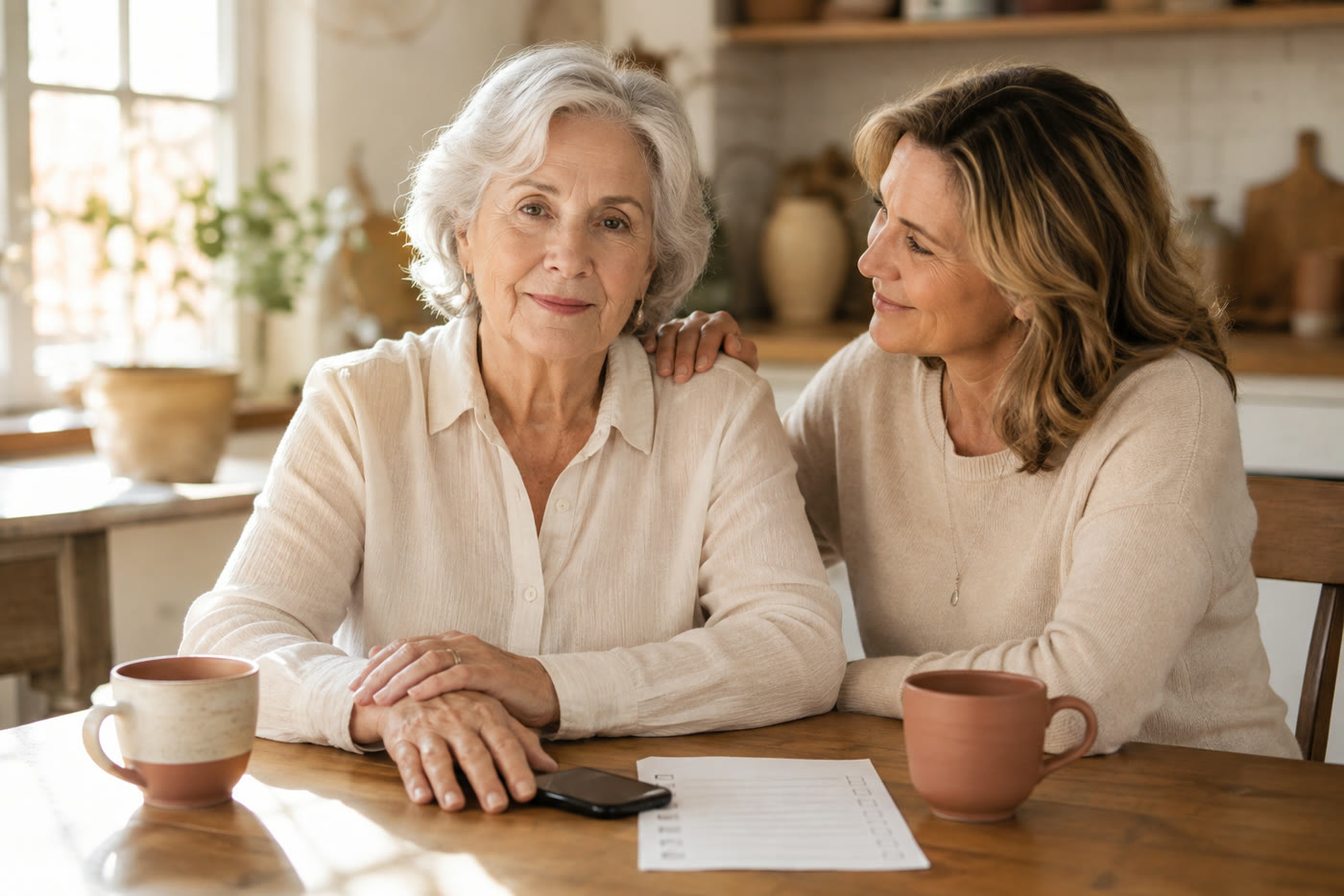 An older mother sits calmly at her kitchen table, phone face-down, her adult daughter's hand on her shoulder